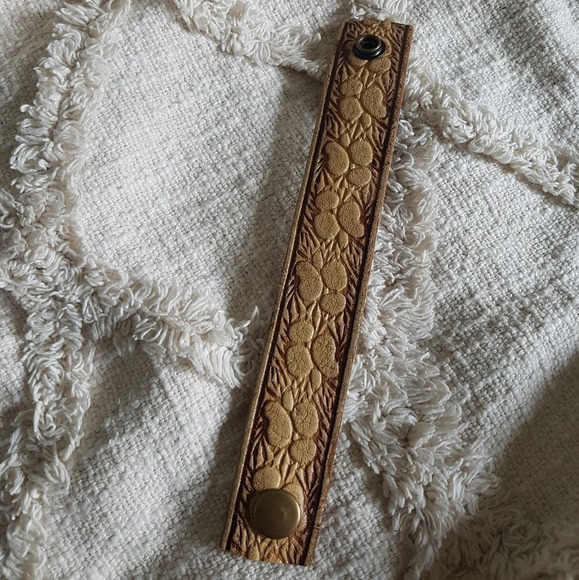 Lue Handmade Leather Cuff tan western boho tooled leather 8.5” Bracelet Upcycle - Picture 3 of 4